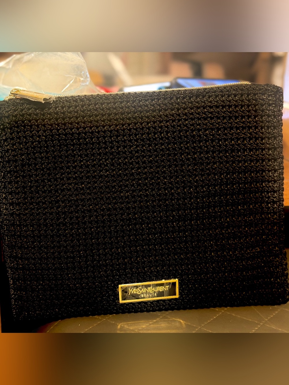 Yves Saint Laurent Black Knit Cosmetic Pouch with Gold Logo Plaque